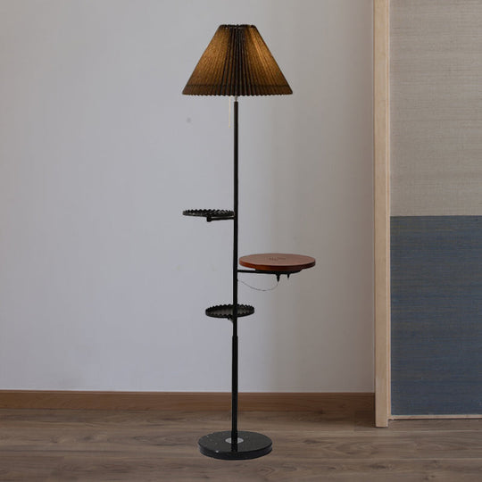 Modern Cone Stand Up Lamp: 1-Bulb Floor Reading Light with Wood Shelves in Black