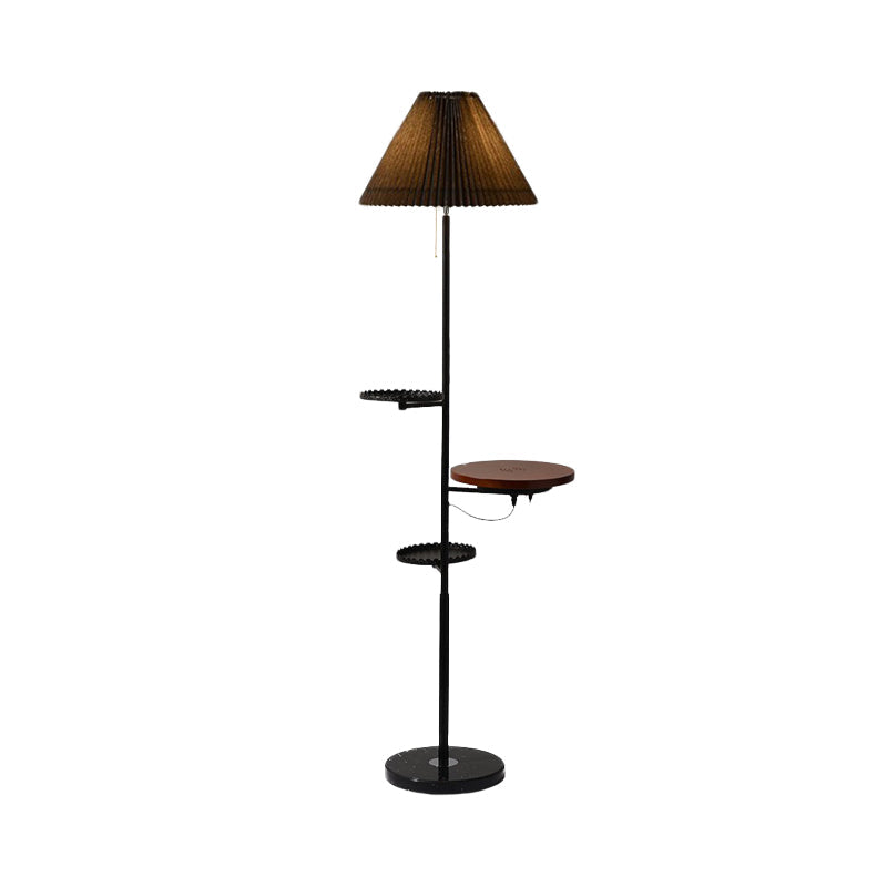 Modern Cone Stand Up Lamp: 1-Bulb Floor Reading Light with Wood Shelves in Black