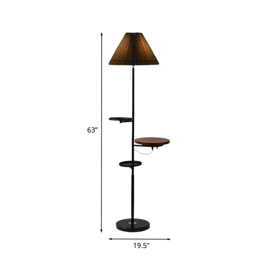 Modern Cone Stand Up Lamp: 1-Bulb Floor Reading Light with Wood Shelves in Black