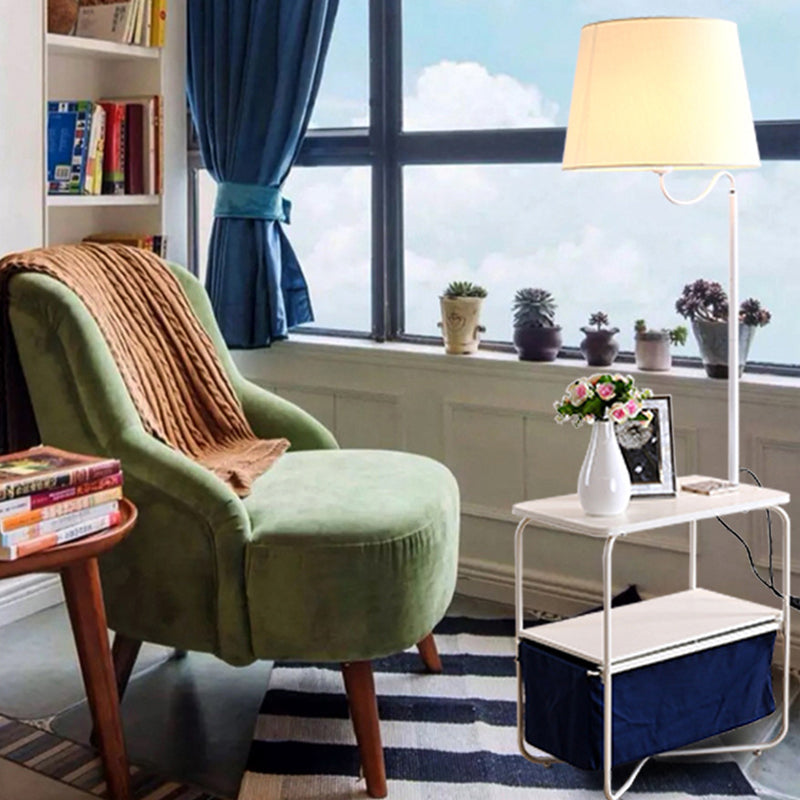 Modern Metal Standing Lamp with Built-in Table, White Floor Reading Light - Bedside Lighting Solution