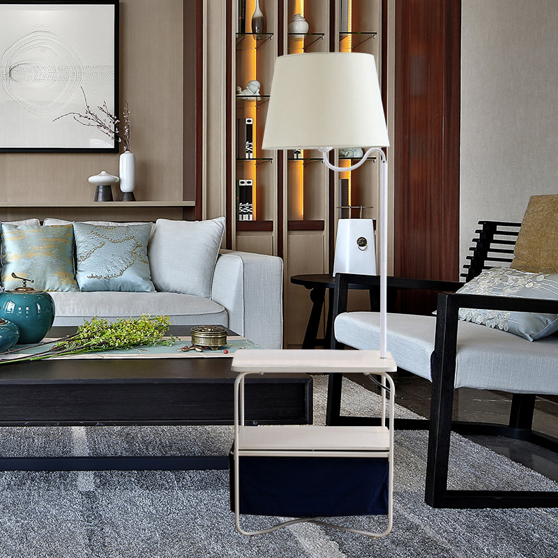 Modern Metal Standing Lamp with Built-in Table, White Floor Reading Light - Bedside Lighting Solution