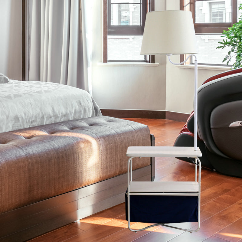 Modern Metal Standing Lamp with Built-in Table, White Floor Reading Light - Bedside Lighting Solution