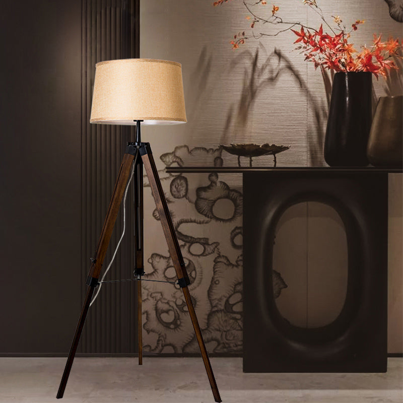 Floor Reading Lamp - Simplicity Single Head Wood Barrel with Tri-Leg Standing Light