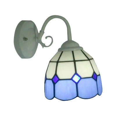 Tiffany Blue Stained Glass Wall Sconce Grid Bowl - 1 Light Hotel Wall Lamp in White Finish