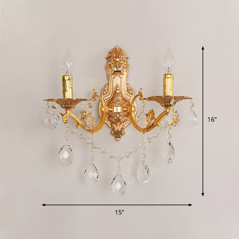 Modern Gold Wall Sconce with Crystal Drops - 1/2 Lights Metal Candelabra