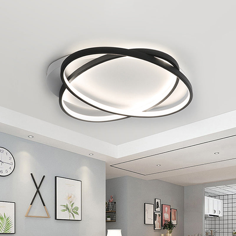 Modern Black Ellipse Crossed Ceiling Light - Thin Flush Mount LED Lighting for Bedroom - Warm/White Light - 20.5"/25" W