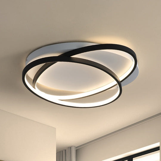 Modern Black Ellipse Crossed Ceiling Light - Thin Flush Mount LED Lighting for Bedroom - Warm/White Light - 20.5"/25" W