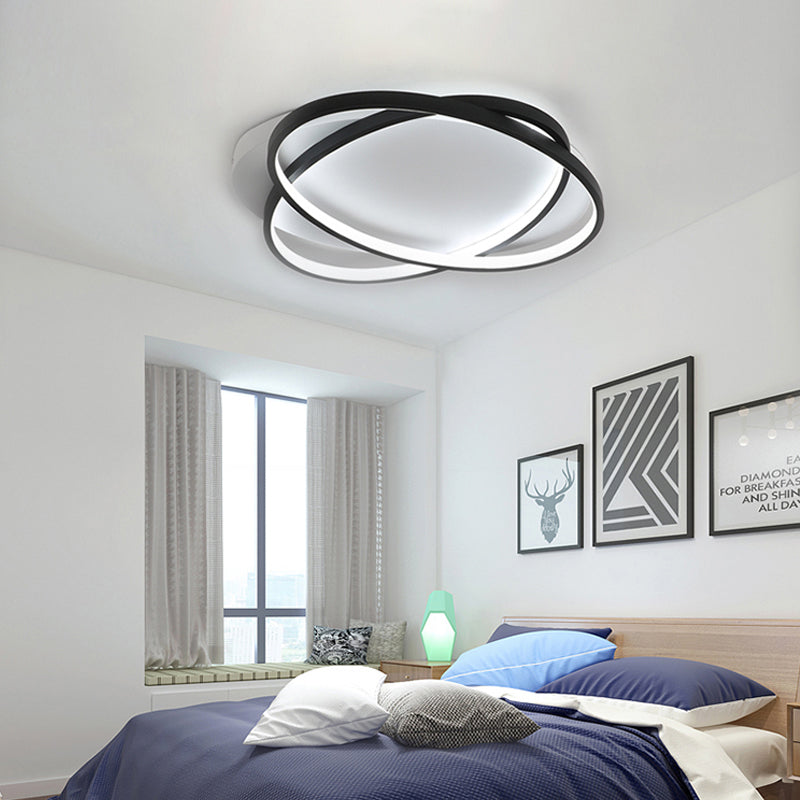 Modern Black Ellipse Crossed Ceiling Light - Thin Flush Mount LED Lighting for Bedroom - Warm/White Light - 20.5"/25" W