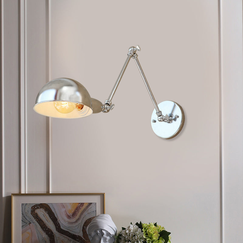 Industrial Style Metal Wall Lamp with Swing Arm & Domed Shade - Chrome Finish, Bedroom Lighting, 1 Light