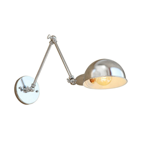 Industrial Style Metal Wall Lamp with Swing Arm & Domed Shade - Chrome Finish, Bedroom Lighting, 1 Light