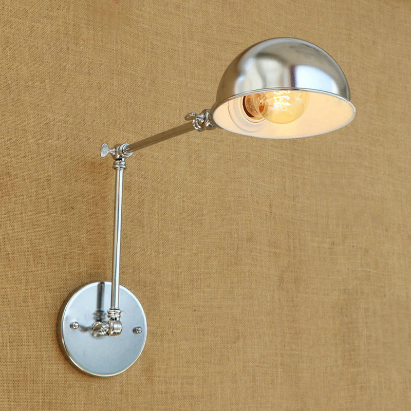 Industrial Style Metal Wall Lamp with Swing Arm & Domed Shade - Chrome Finish, Bedroom Lighting, 1 Light
