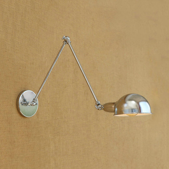 Industrial Style Metal Wall Lamp with Swing Arm & Domed Shade - Chrome Finish, Bedroom Lighting, 1 Light