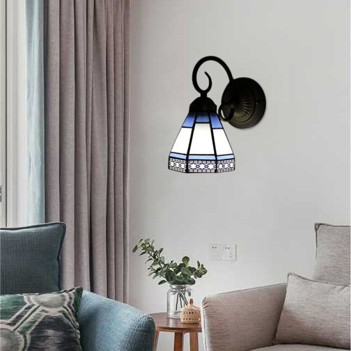 Blue Stained Glass Tiffany Sconce Light – Pyramid Cafe Restaurant Wall Fixture