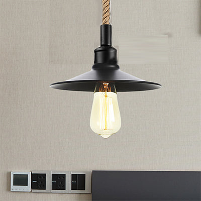 Industrial Metal Pendant Light - Flat/Cone Design, 7"/8.5" Width, Single Light, Living Room Hanging Lamp in Black with Rope Cord