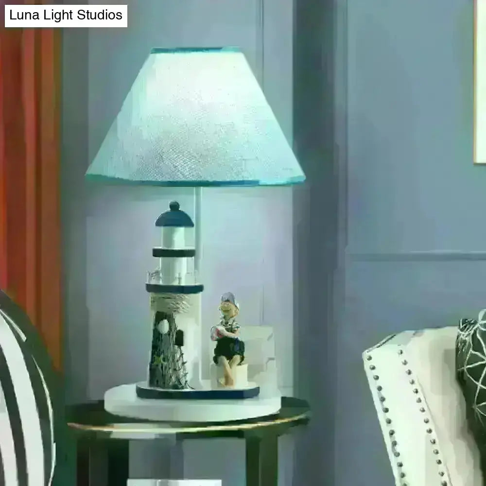 Minelava - Kids Conical Task Lighting Kids Style Fabric 1-Head Bedroom Table Light with Boy/Girl and Lighthouse Deco in Blue