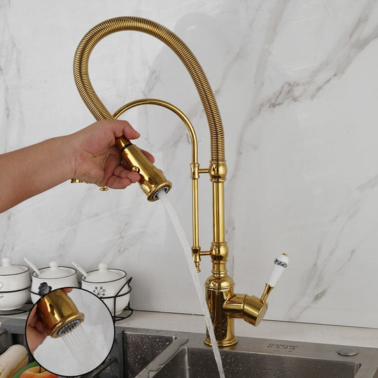 Golden Spring Pull Down Kitchen Sink Faucet Hot &amp; Cold Water Mixer Crane Tap with Dual Spout Deck Mounted