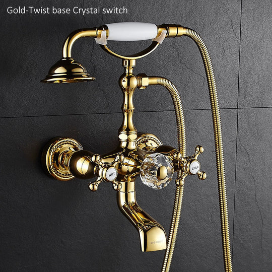 Luxury Crystal Handle Bathtub Gold Brass Faucet with Hand Shower Telephone Type Bath Faucets Sets Mixer Tap Wall Mounted