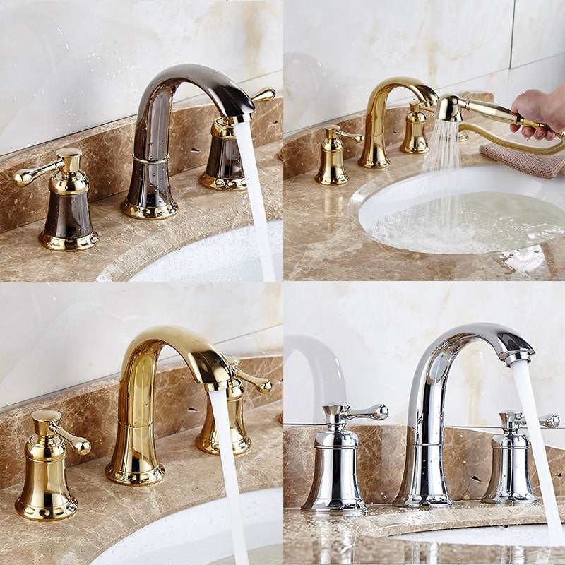 Bathroom gold lavatory Widespread Faucet hot and cold Three Holes sink mixer 8 Inch Sink Faucet Gold Chrome