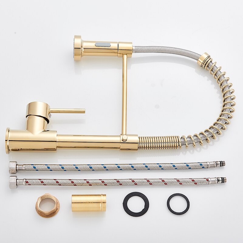 Golden Kitchen Spring Faucet Brass Deck Mount 360 Degree Rotate Stream &amp; Sprayer Nozzle Hot Cold Mixer Vanity Sink Tap