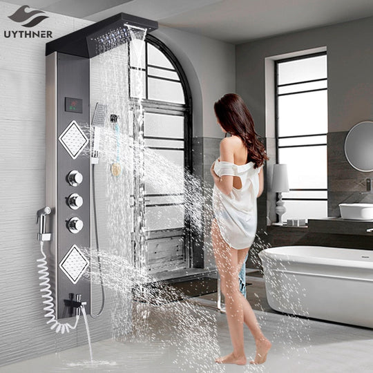 Luxury Brushed Nickle Bathroom Shower Faucet LED Shower Panel Column Bathtub Mixer Tap W/Hand Shower Temperature Screen