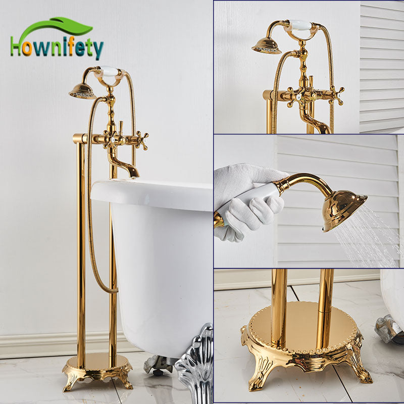 Gold Bathtub Shower Faucet Deck Mount Dual Tube Hot Cold Mixer Shower Systems with Rainfall Handheld Floor Stand Fuacets