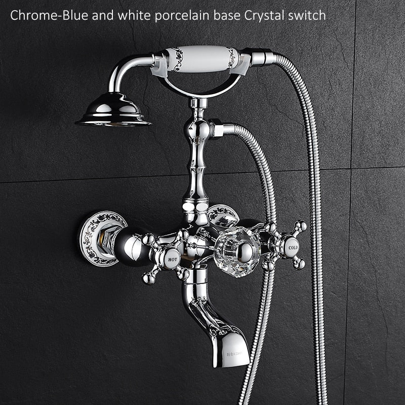 Luxury Crystal Handle Bathtub Gold Brass Faucet with Hand Shower Telephone Type Bath Faucets Sets Mixer Tap Wall Mounted