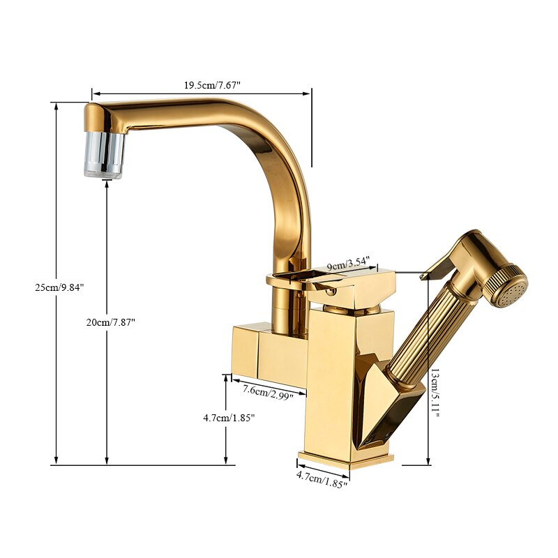 Kitchen Faucet Golden Brass Tap Bathroom Deck Mounted Pull Out Sprayer Gun Led Spout Hot and Cold Water Mixer Tap