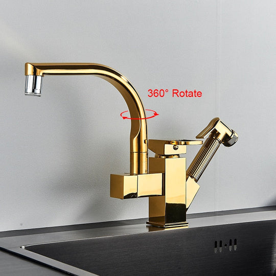 Kitchen Faucet Golden Brass Tap Bathroom Deck Mounted Pull Out Sprayer Gun Led Spout Hot and Cold Water Mixer Tap