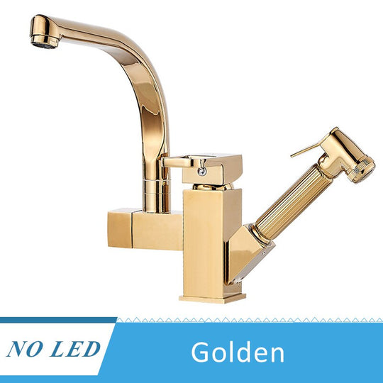 Kitchen Faucet Golden Brass Tap Bathroom Deck Mounted Pull Out Sprayer Gun Led Spout Hot and Cold Water Mixer Tap