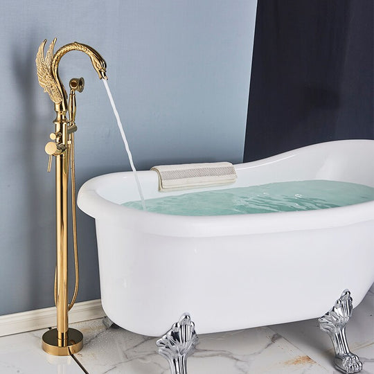 Luxury Golden Bathtub Faucet Swan 2 features hot and Cold Floor Standing Shower faucet