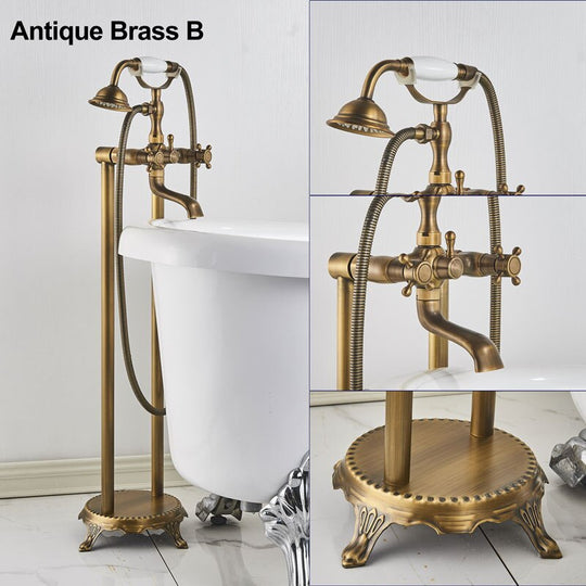 Gold Bathtub Shower Faucet Deck Mount Dual Tube Hot Cold Mixer Shower Systems with Rainfall Handheld Floor Stand Fuacets