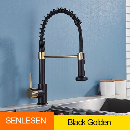 Golden Kitchen Spring Faucet Brass Deck Mount 360 Degree Rotate Stream &amp; Sprayer Nozzle Hot Cold Mixer Vanity Sink Tap