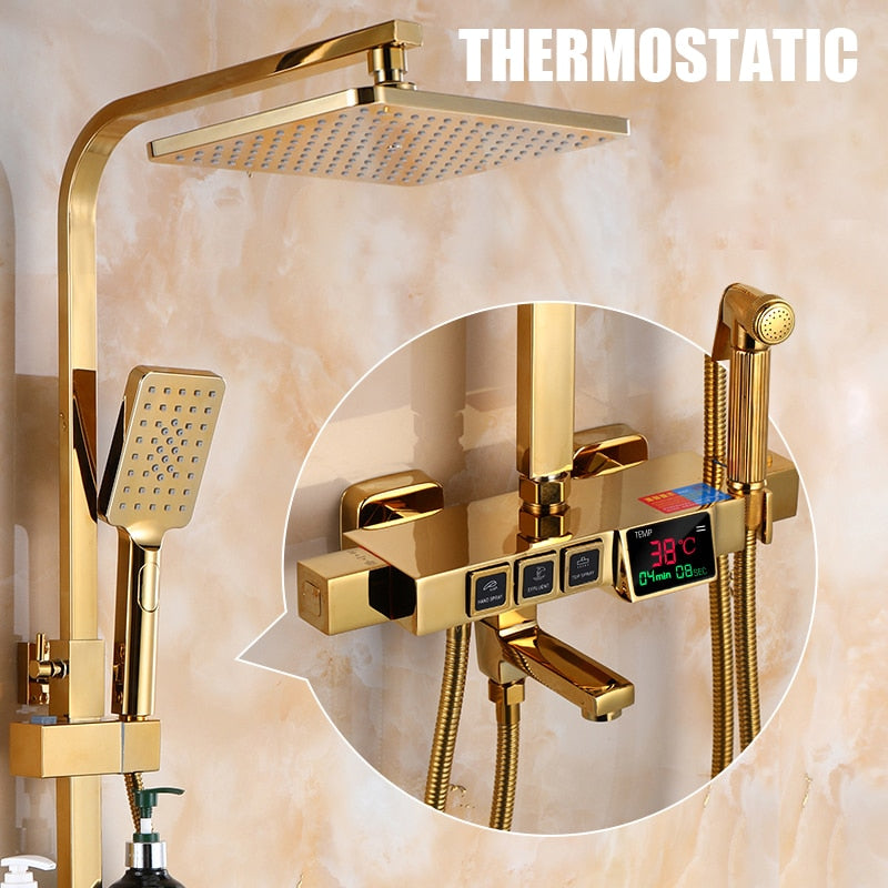 Golden Shower Set Bathroom Smart Digital Shower System Wall Mount Thermostatic Bath Faucet SPA Rainfall Bathtub LED Tap Full Kit