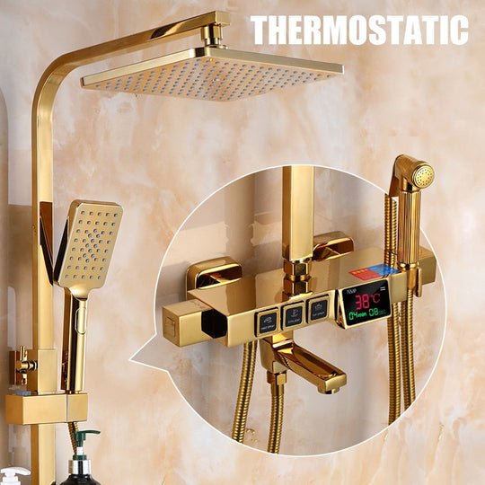 Golden Shower Set Bathroom Smart Digital Shower System Wall Mount Thermostatic Bath Faucet SPA Rainfall Bathtub LED Tap Full Kit