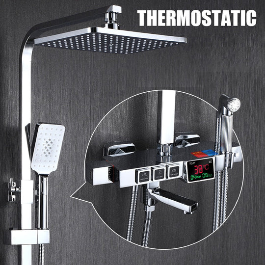 Golden Shower Set Bathroom Smart Digital Shower System Wall Mount Thermostatic Bath Faucet SPA Rainfall Bathtub LED Tap Full Kit