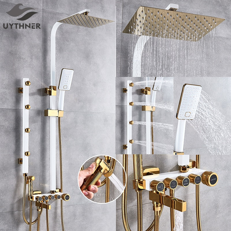 Luxury White Gold Shower Faucet Set 5-Function Switch Wall Mount Rain Shower Head With Hand Shower Bathtub Spout Bidet Tap Mixer