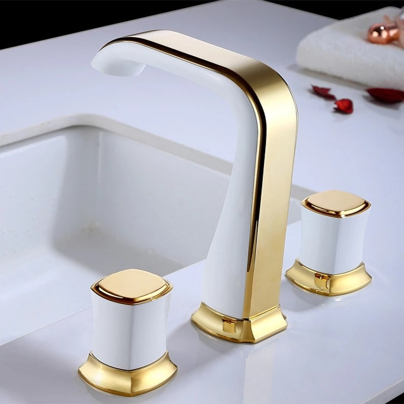 Rose Gold Bathroom Basin Faucets Brass Widespread Sink Mixer Tap Hot & Cold Lavatory Crane 3 Hole White Gold/Black/Chrome