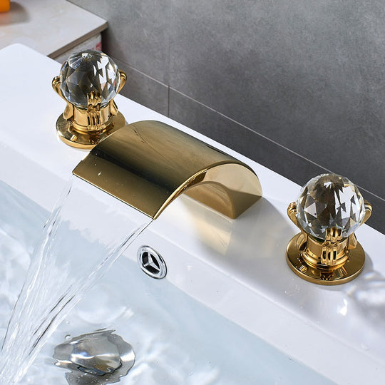 Bathroom Crystal Handle Golden Waterfall Basin Faucet Deck Mount Widespread  Tub Sink Faucet Chrome Basin Hot And Cold Mixer Tap