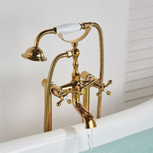 Gold Bathtub Shower Faucet Deck Mount Dual Tube Hot Cold Mixer Shower Systems with Rainfall Handheld Floor Stand Fuacets