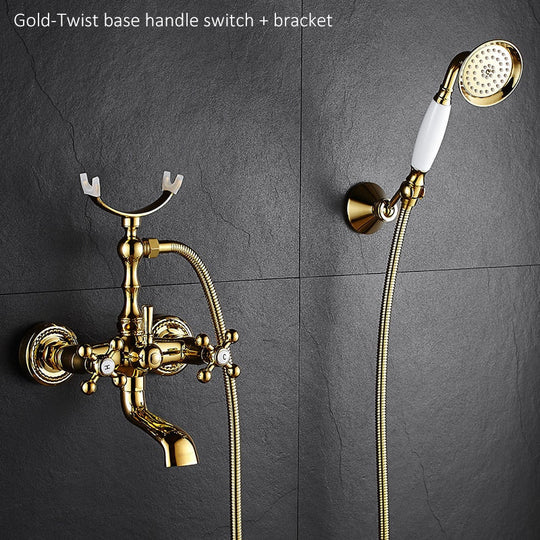 Luxury Crystal Handle Bathtub Gold Brass Faucet with Hand Shower Telephone Type Bath Faucets Sets Mixer Tap Wall Mounted