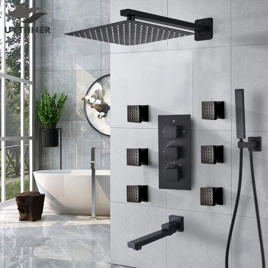 Luxury Rainfall Shower Faucet Thermostat Valve Mixers Wall Mounted Thermostatic Shower Set with Massage System Bathtub Faucet