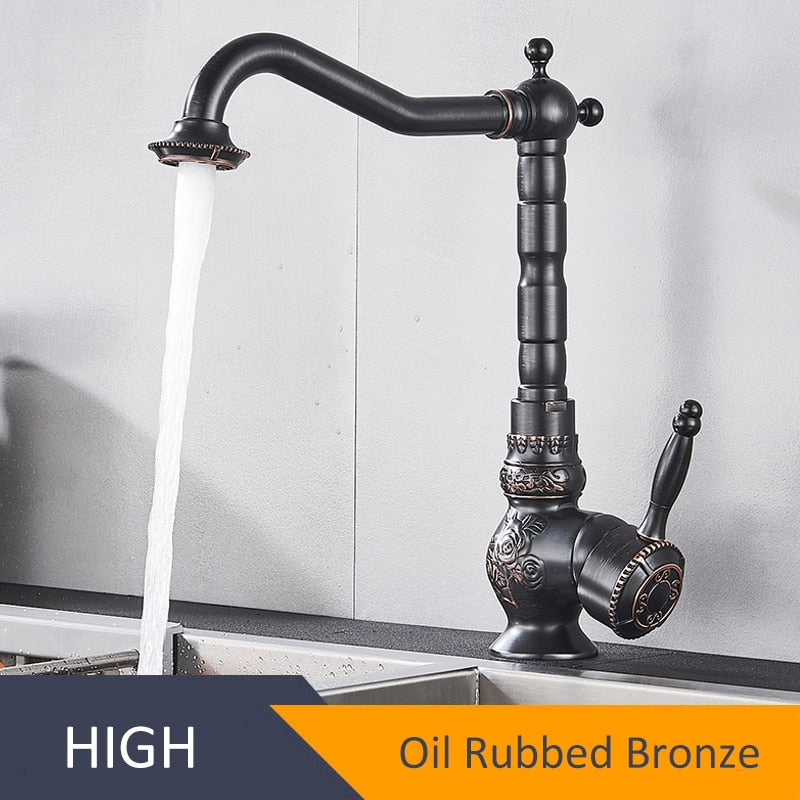 Antique Brass Bathroom Basin Carved Faucet Long Nose Spout Wash Sink Tap 360 Rotation Single Handle Mixer Tap torneiras