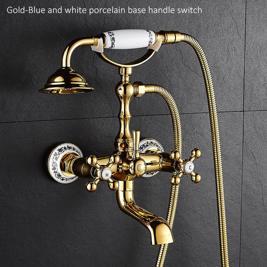 Luxury Crystal Handle Bathtub Gold Brass Faucet with Hand Shower Telephone Type Bath Faucets Sets Mixer Tap Wall Mounted