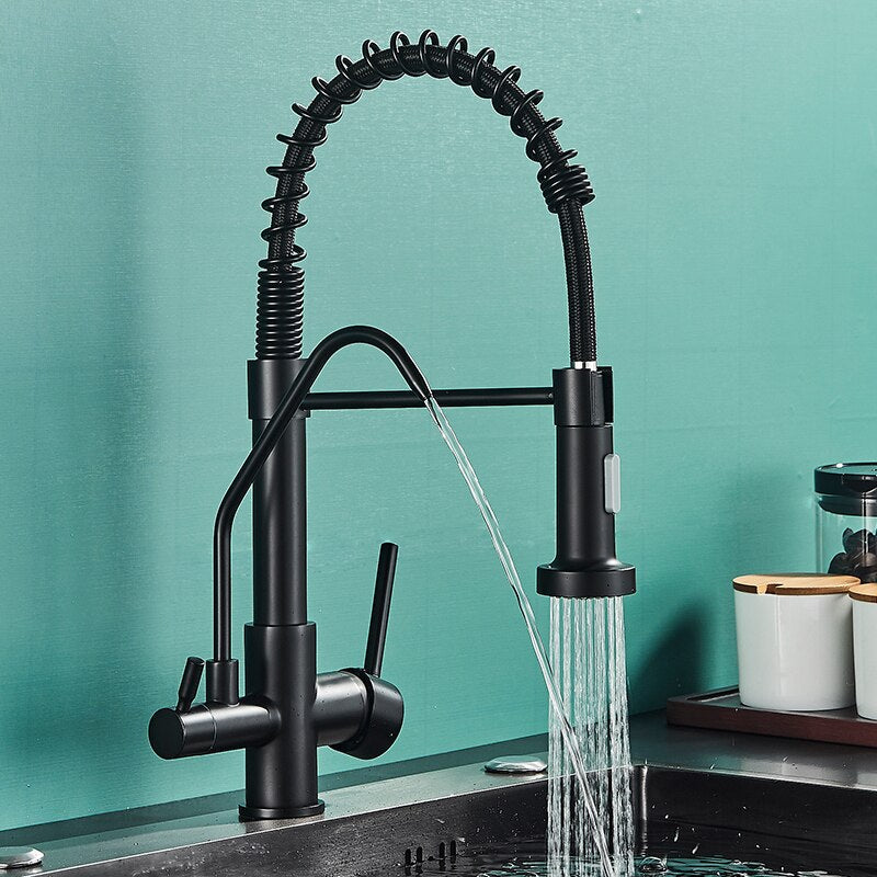 Matte Black Kitchen Filtered Faucet Water Tap Purifier Faucet Dual Sprayer Drinking Water Tap 360 Rotation Purification Mixer