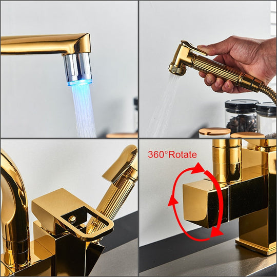 Kitchen Faucet Golden Brass Tap Bathroom Deck Mounted Pull Out Sprayer Gun Led Spout Hot and Cold Water Mixer Tap