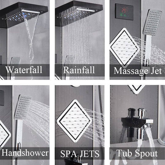 Luxury Brushed Nickle Bathroom Shower Faucet LED Shower Panel Column Bathtub Mixer Tap W/Hand Shower Temperature Screen