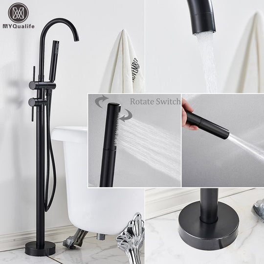 Floor Mounted Chrome Bath Tub Faucet Clawfoot Free Standing Bath Mixer Tap with Handshower Single Lever Bathtub Faucet