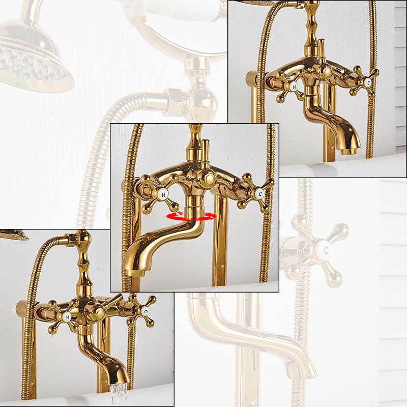 Gold Bathtub Shower Faucet Deck Mount Dual Tube Hot Cold Mixer Shower Systems with Rainfall Handheld Floor Stand Fuacets