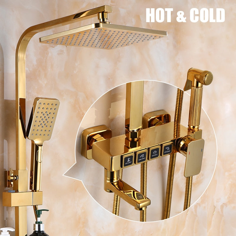 Golden Shower Set Bathroom Smart Digital Shower System Wall Mount Thermostatic Bath Faucet SPA Rainfall Bathtub LED Tap Full Kit