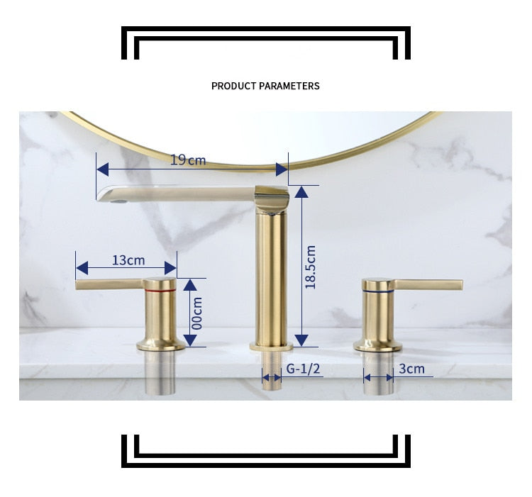 Brushed Gold Bathroom Widespread Basin Faucets Soild Brass Sink Mixer Hot & Cold Lavatory Crane Vessel 2 Handle 3 Hole Black